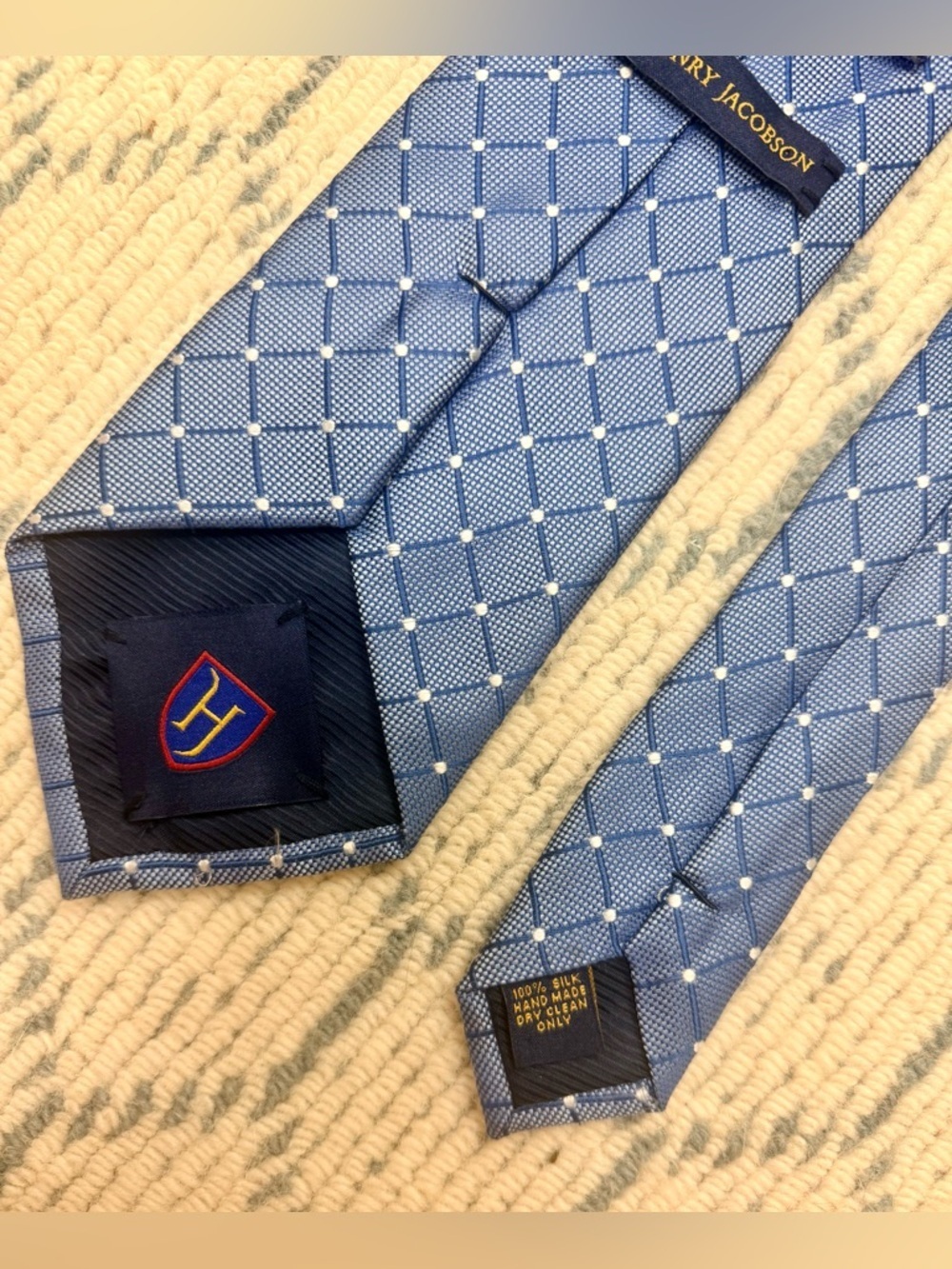 HENRY JACOBSON 100% Silk Handmade Blue Diamond Geometric Pattern Men’s Necktie - Picture 9 of 12